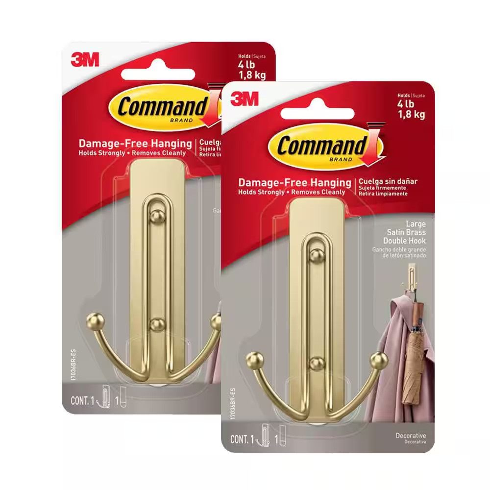 4 Lbs. Large Satin Brass Double Hook (2-Hooks, 2 Large Strips)