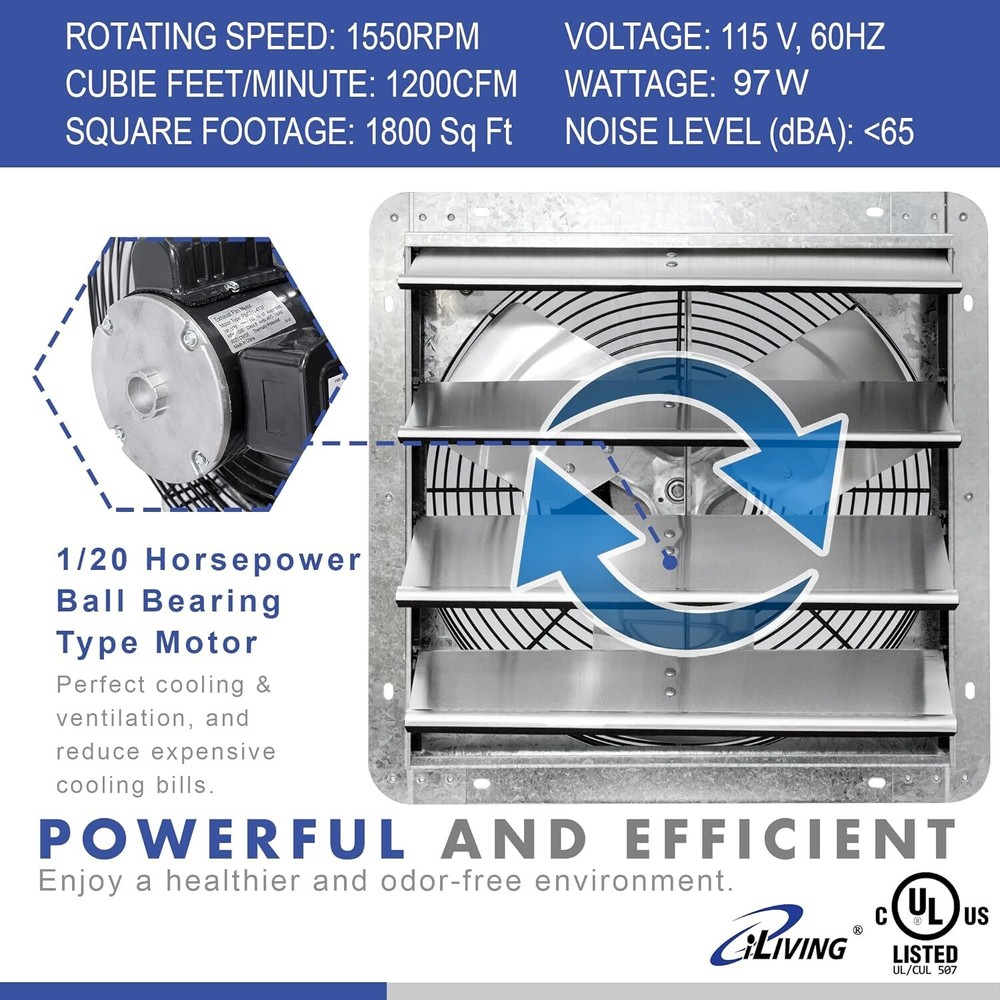 16" Wall Mounted Shutter Exhaust Fan, Automatic Shutter, with Thermostat