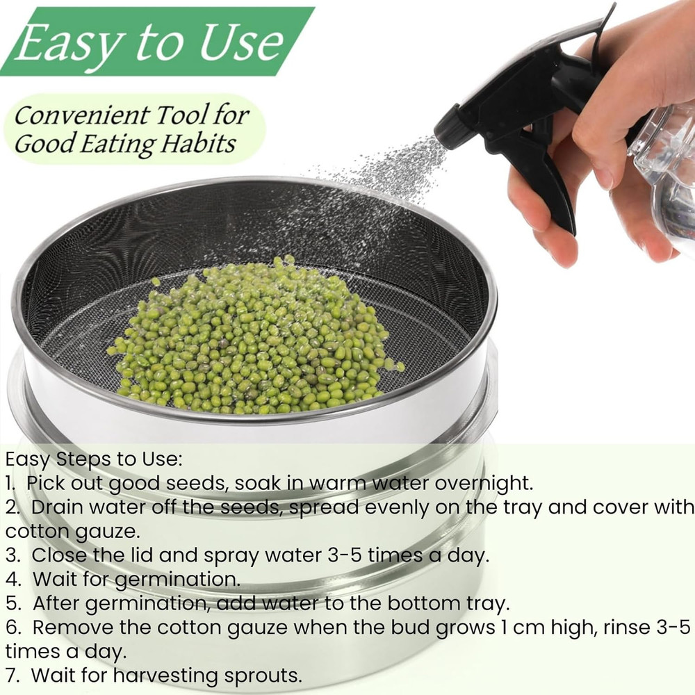 3 Tier Stainless Steel Seed Sprouting Kit 9in Stackable Mesh Tray Grower