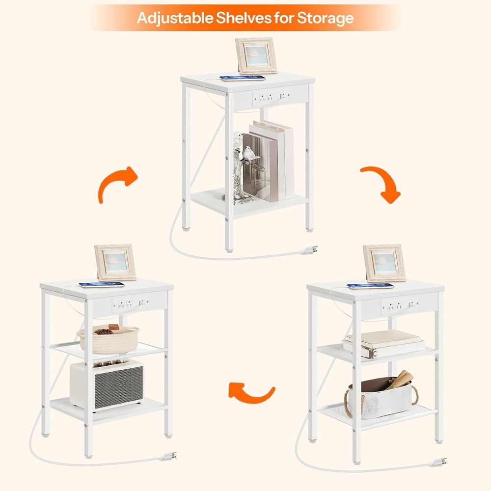 Side Table W/ Charging Station & USB Port Small End Table Small Space 3-Tier