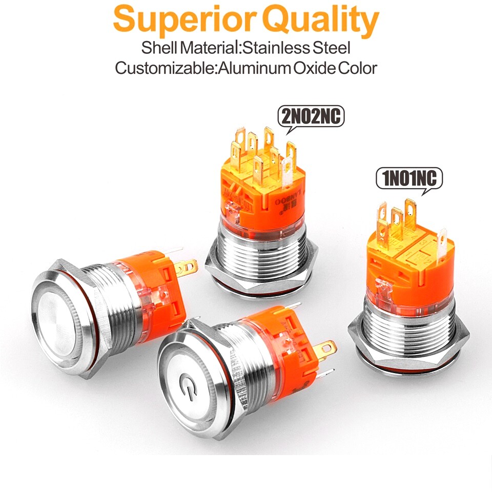 19mm Latching LED light 110V Red Blue Button Waterproof Metal Push Button Switch