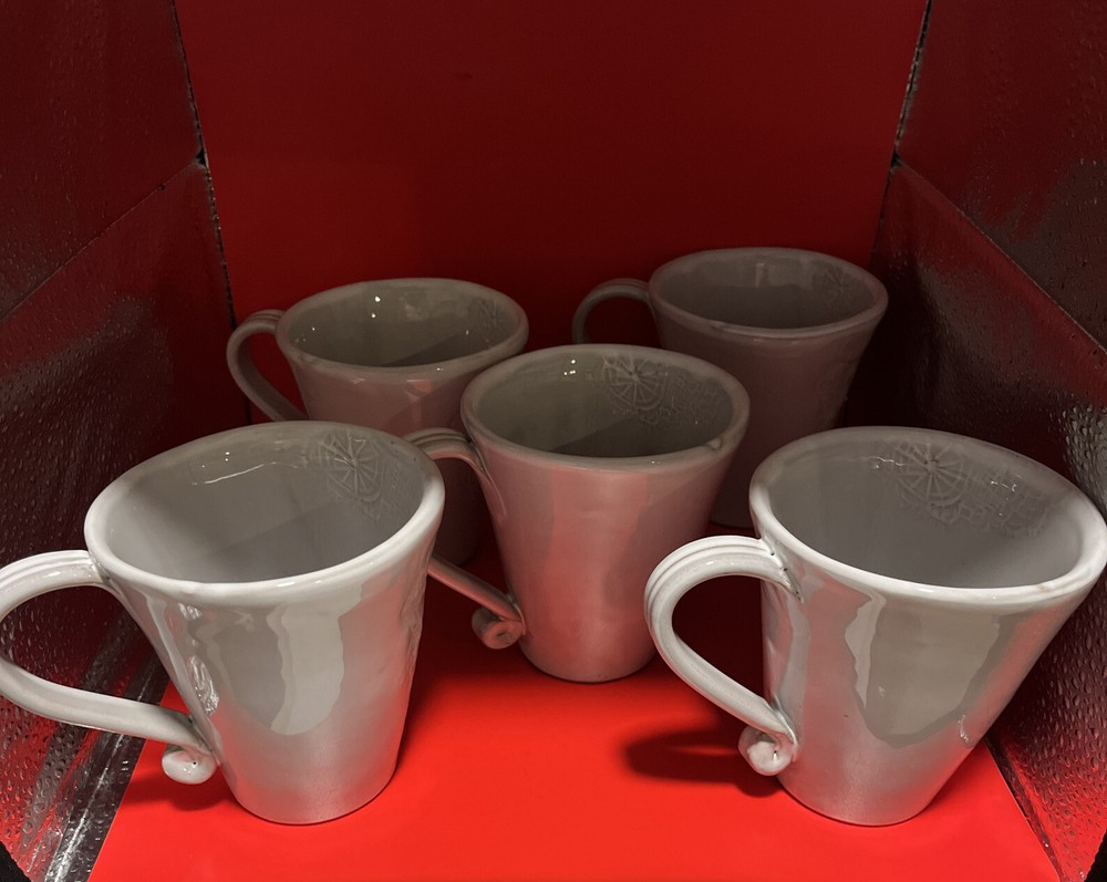 5 “Arhaus Table” Handcrafted Mug Off-white / Grey with Stamped Pattern Made taly
