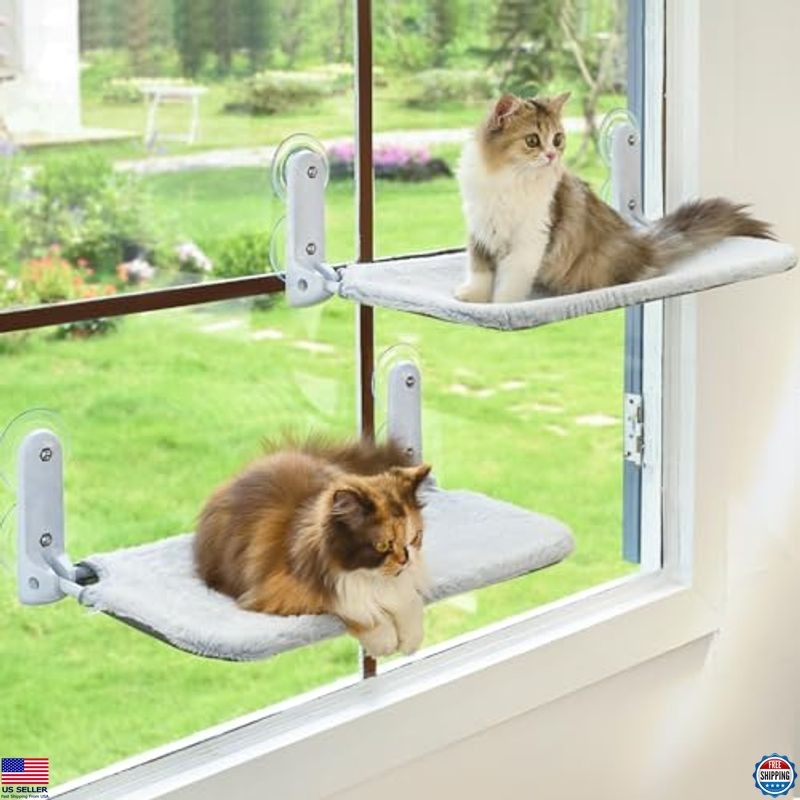 2PC Cat Window Perch Cordless Foldable Cat Hammock Bed for Window with Metal