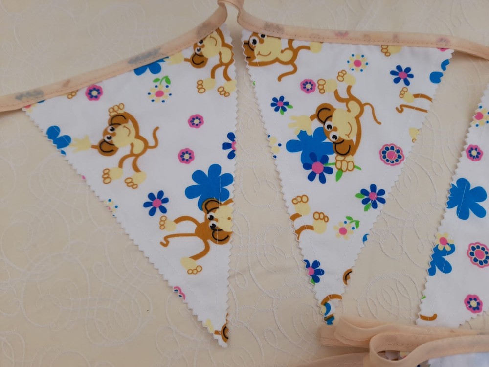 New Handmade Cute Floral Monkey Material Bunting. 10ft long