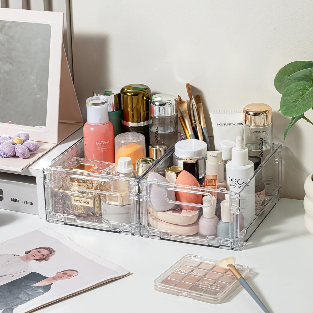 2-Pack Foldable Plastic Baskets, Stackable Storage Baskets with Handles for O...