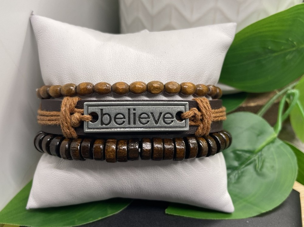 3 PC Leather Bracelet  Stackable Adjustable Tie Free Ship Believe Charm B5201