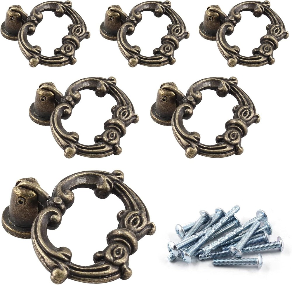 Luomorgo 6 Pcs Antique Bronze Drop Ring Drawer Pulls, Vintage Cabinet Pull