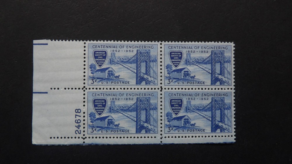#1012 3c Centennial Engineering Plate Block #24678 LL MNH OG VF