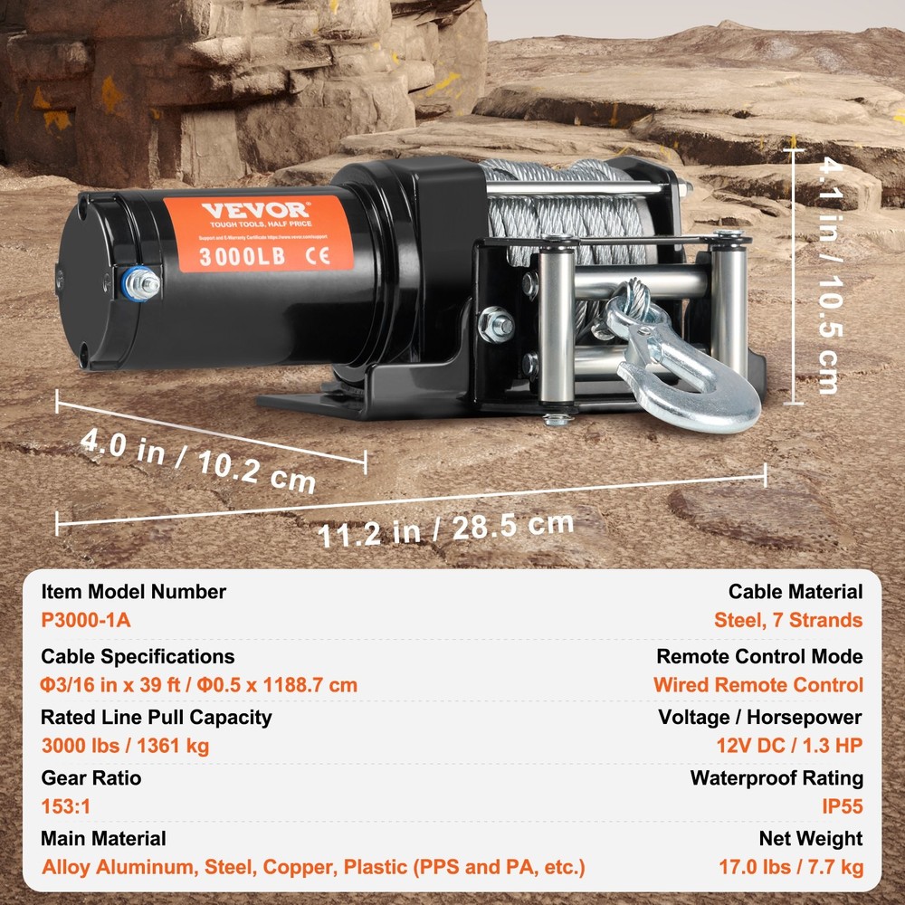 Electric Winch 3000 lb Line Pull Capacity 12V DC ATV/UTV Winch Φ3/16 in x