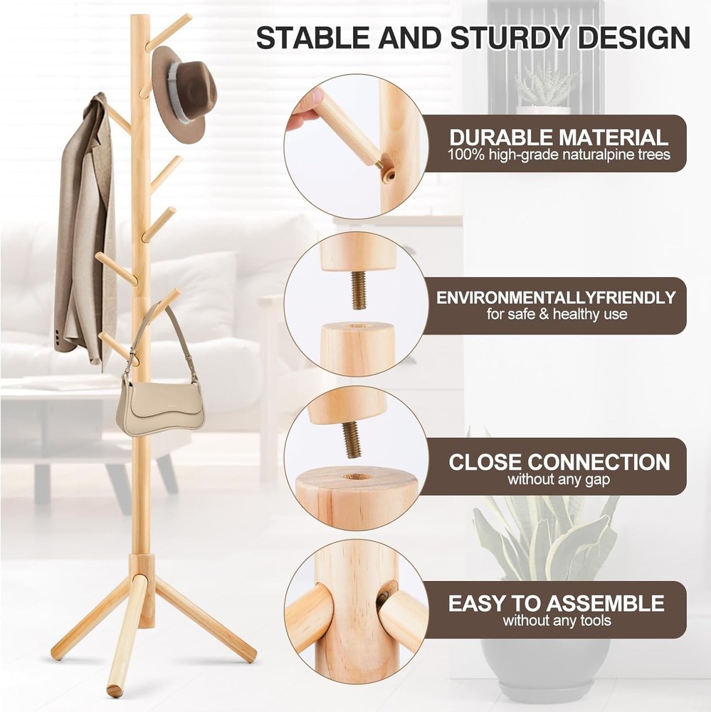 Coat Rack Freestanding Coat Rack W/ 8 Hooks & 3 Adjustable Size Tree Coat Racks