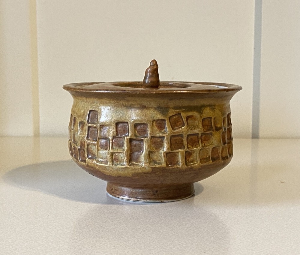 Unique Art Pottery Stoneware Lidded Jar Brown Beige Neutral Rust Square Pattern