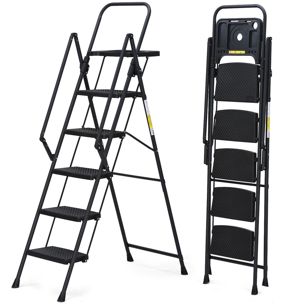Portable 5-Step Ladder, Steel Construction with Compact Foldable Stool