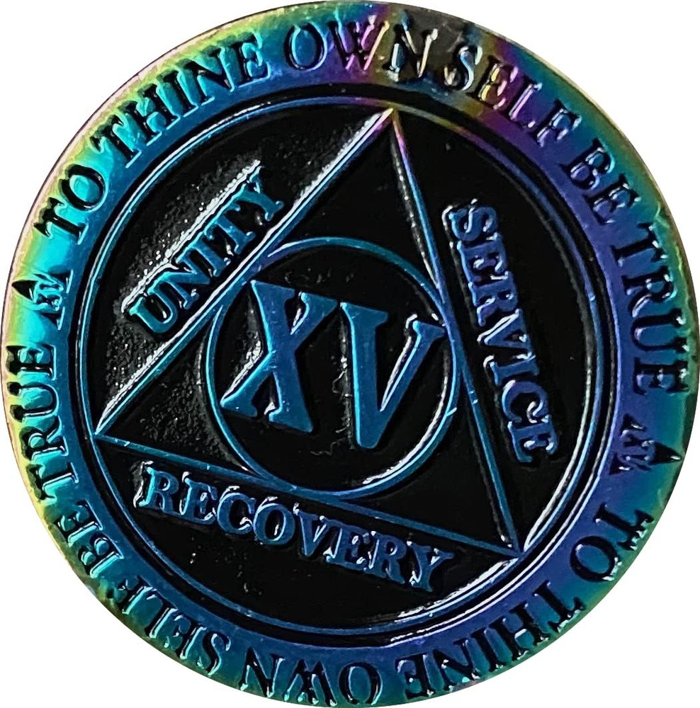 15 Year AA Medallion Reflex Rainbow Plated Black Sobriety Chip