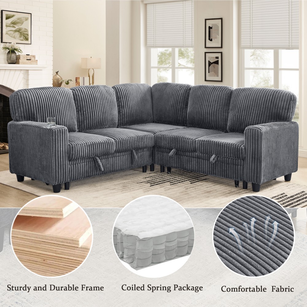 5-Seat L-Shaped Sectional Sofa Bed w/ Pull-Out Bed & USB Charging, Grey