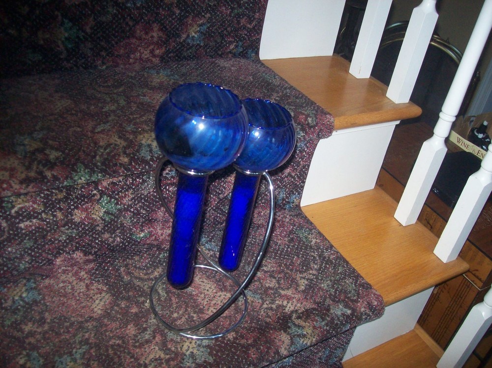 Unique Attractive Blue Glass Tiered Candle Holders Chrome Base