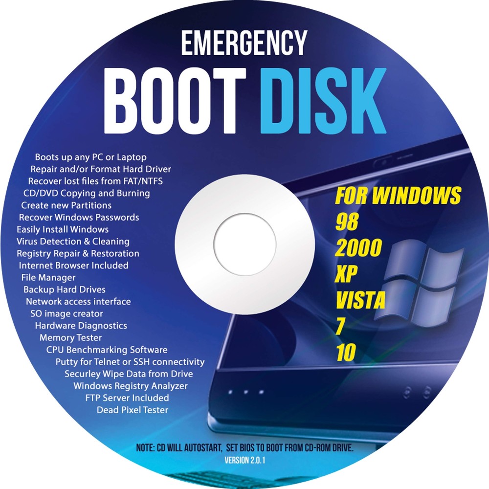 Windows Emergency Boot Disk - For Windows 98, 2000, XP, Vista, 7, 10 PC Repair D