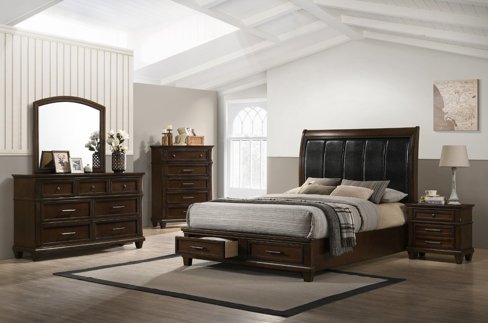 Traditional Brown Upholstered PU King Size 3pc Storage Bed 2x Nightstand Set