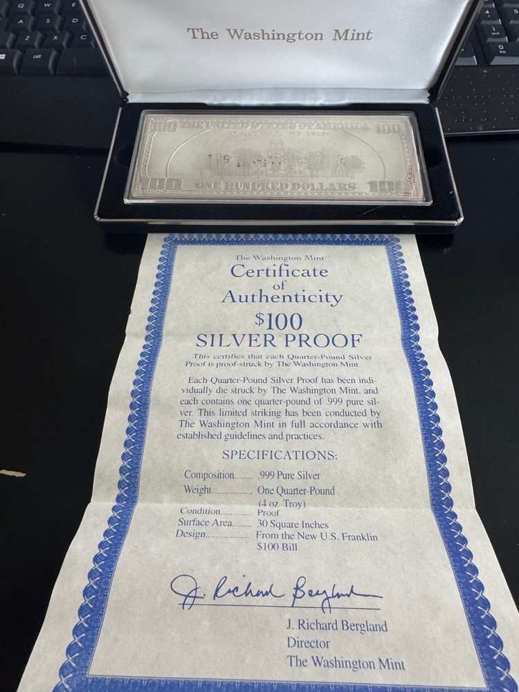 Washington Mint $100 Silver Proof Certificates - 3 Different Designs
