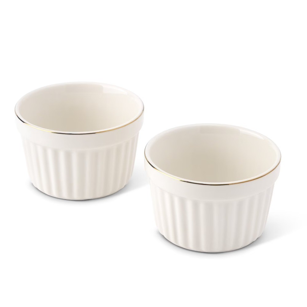 White Ribbed Ramekin Set of 2 Ceramic Baking Dishes