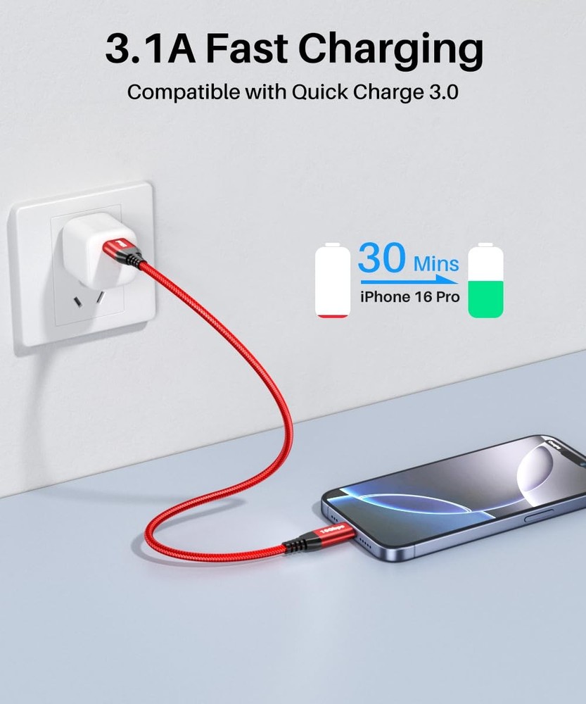 1ft USB-C Cable 10Gbps High Speed Data Transfer & 3.1A Fast 1ft, Red