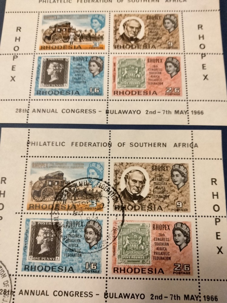 Rhodesia Mint/Used Rhopex (2) Miniature Sheets 2nd - 7th May 1966