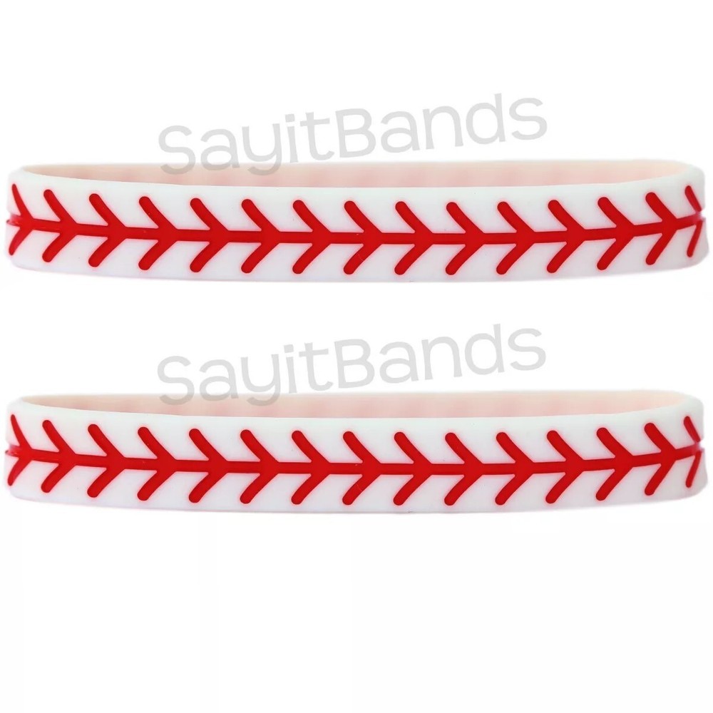 2 Baseball Silicone Wristband featuring Debossed Thread Pattern - Great Bracelet