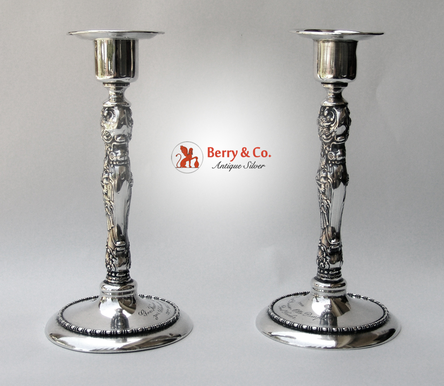 Figural Candlesticks Pair Wallace Sterling Silver 1890 Inscribed