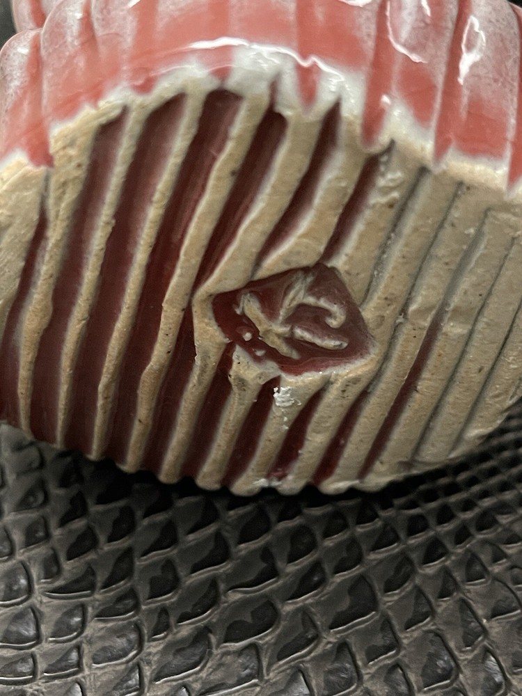 VTG Modernist Free Form Ruby Candy Stripe Glazed Ceramic Vase Signed 6" Tall