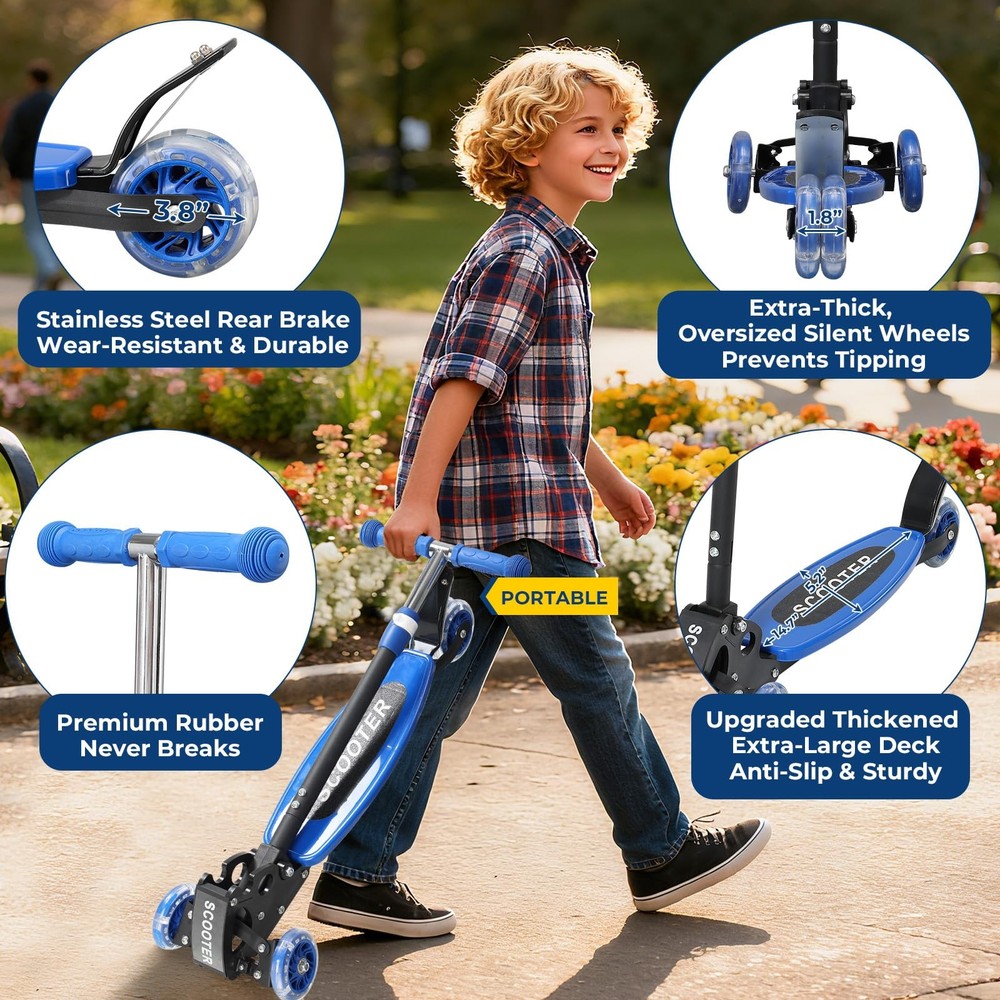 Kids Kick Scooter with LED Light-Up Wheels & Adjustable Handlebar, Foldable Desi
