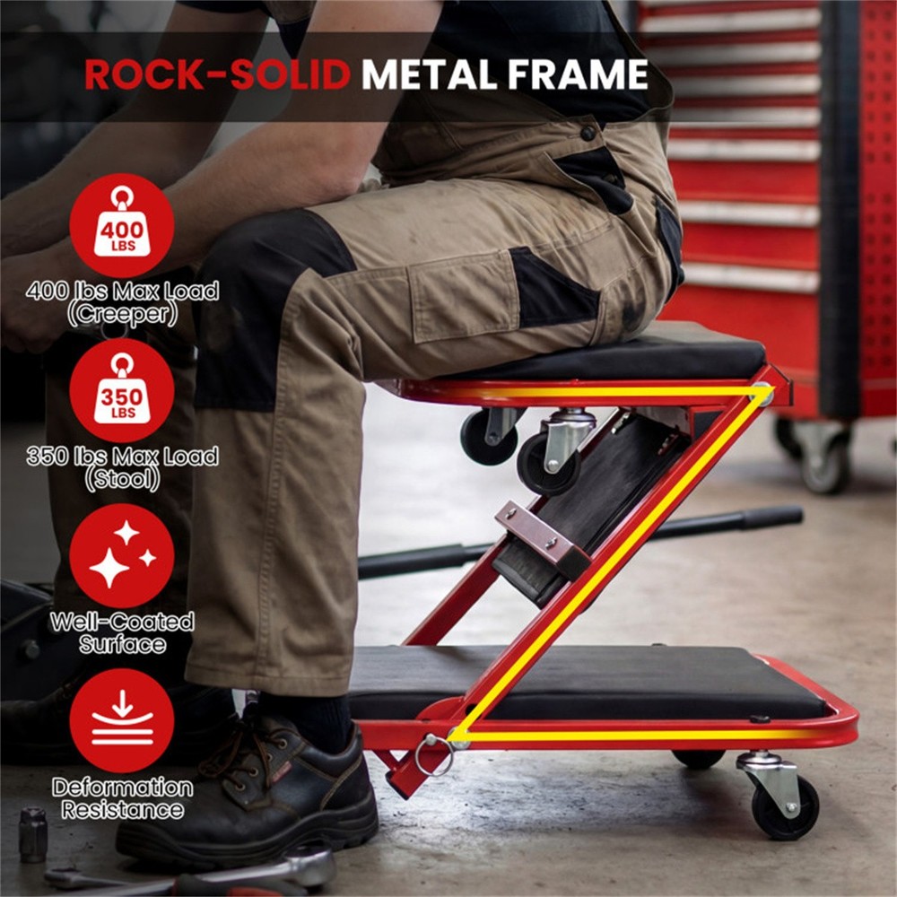 Foldable Mechanic Creeper Stool w/6 Wheels & Cushion - Garage Workspace