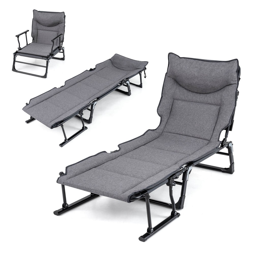 Folding Camping Cot w/Mattress 6 Backrest Positions Head Pillow Foldable Armrest