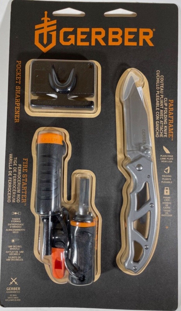 (2 PACK) GERBER Survival Set Paraframe Knife, Fire Starter, Sharpener, Whistle
