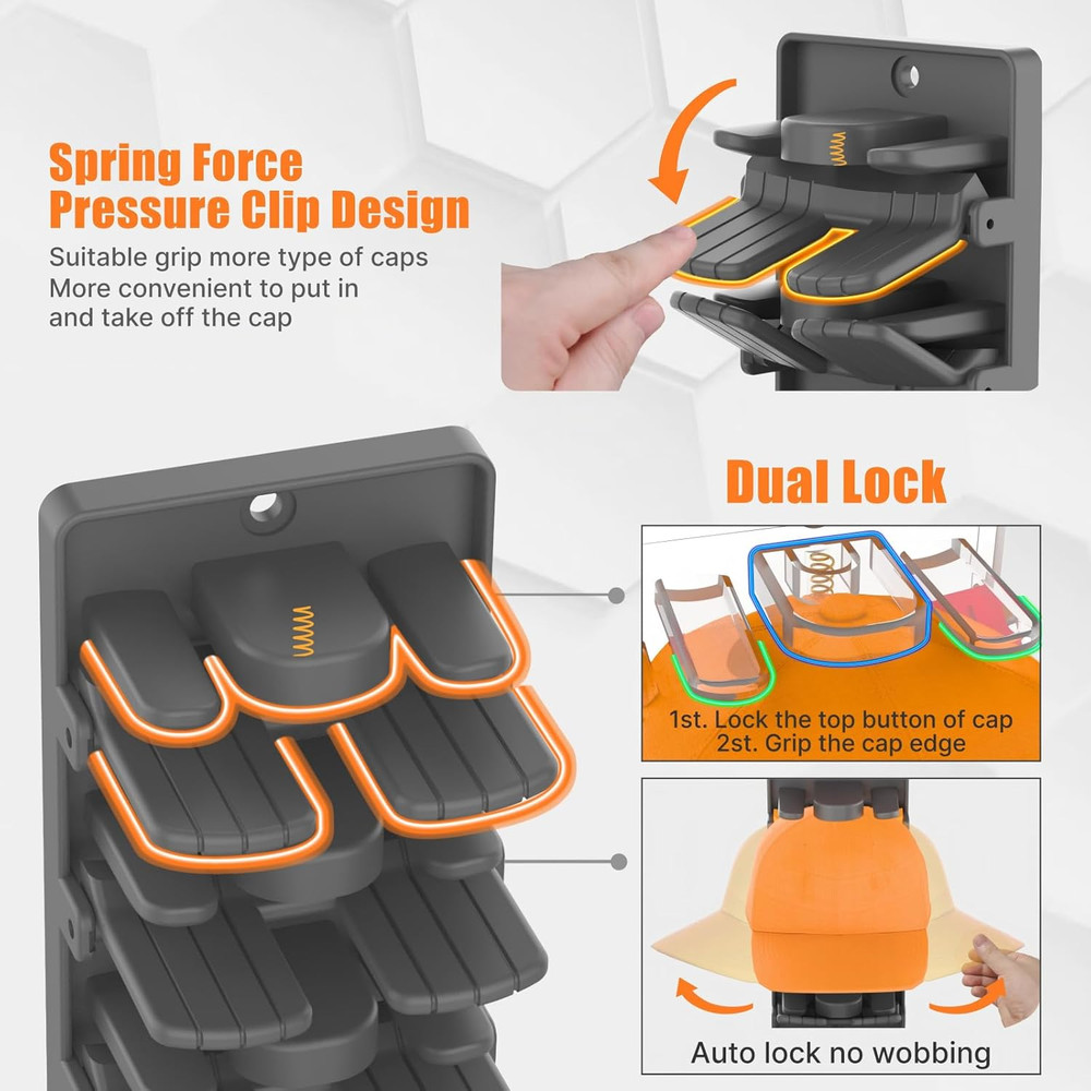 Hat Organizer for Baseball Caps 2 Packs with Built-In Spring Clips - Wall Mount
