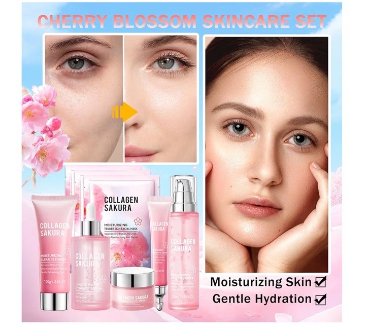 SADOER COLLAGEN SAKURA MOISTURIZING REVITALIZING 8 PIECE SET.