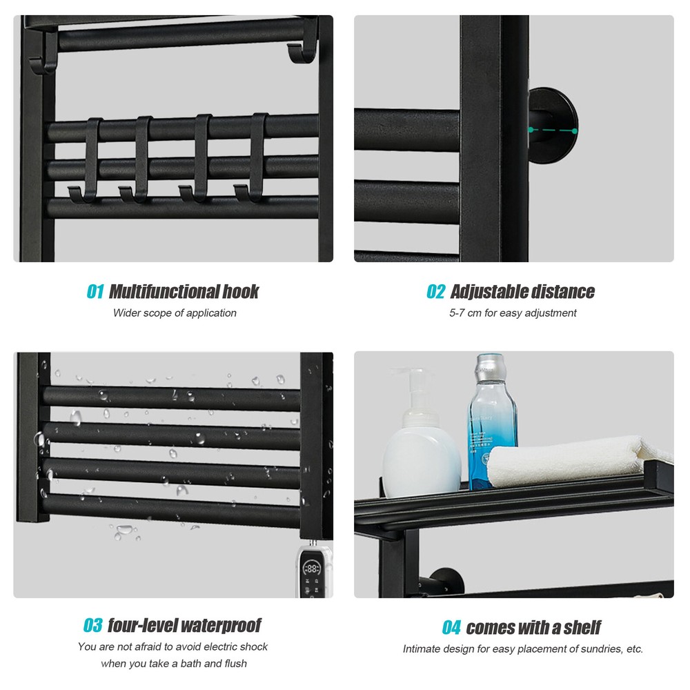 10 Layer Heated Towel Rack Towel Warmer with Timer Wall Mounted W/ Shelf