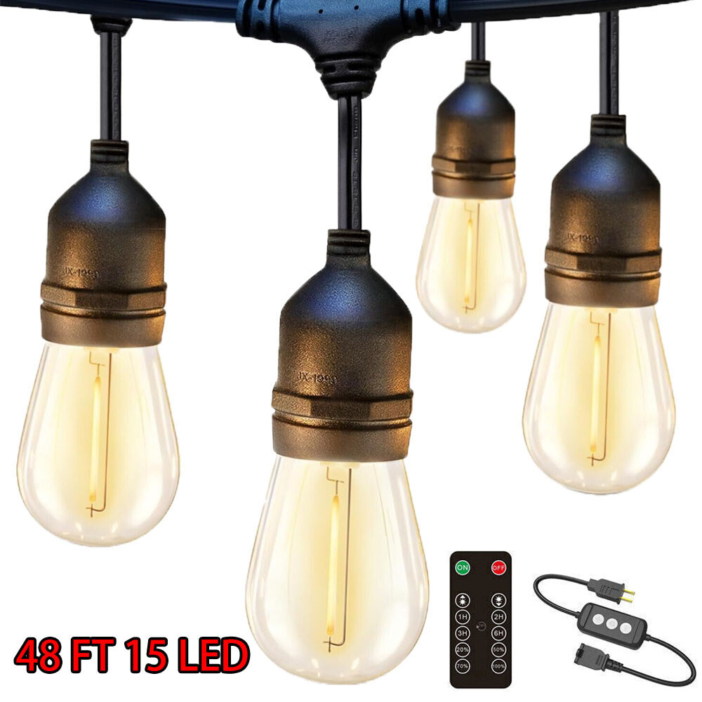 48FT LED Outdoor String Lights Anti-Shatter Bulbs X-mas Decor w/Remote Control