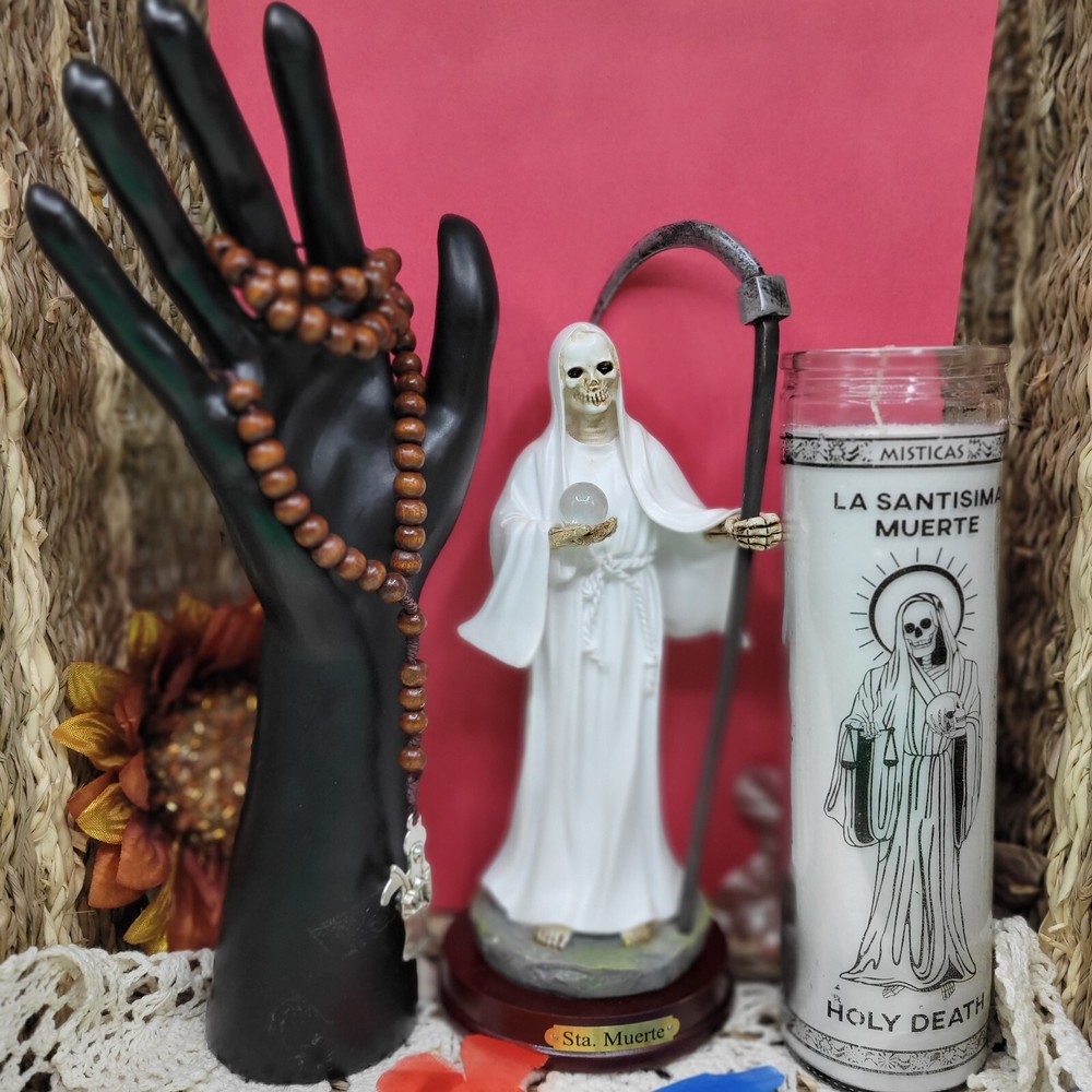 9" Santa Muerte White Statue With Candle & Rosary Altar Bundle Pack