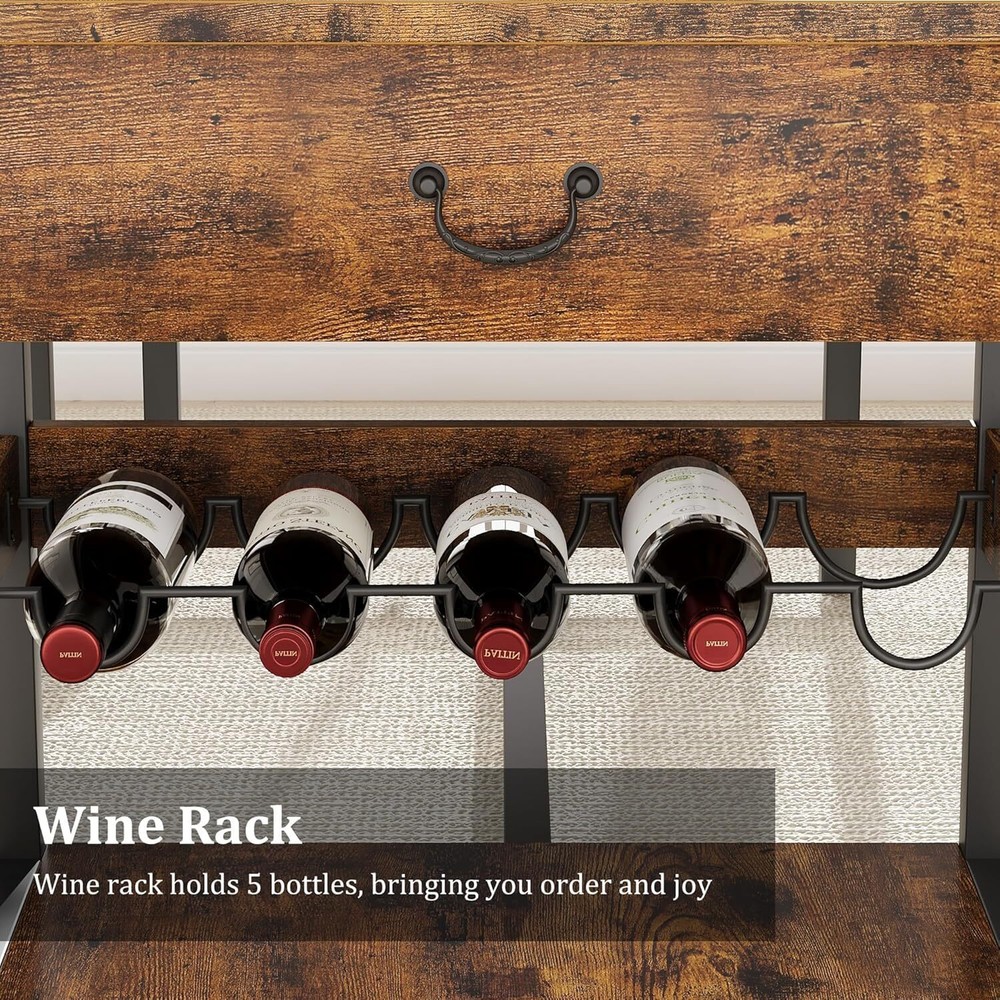 Dining Table Set for 4 Kitchen Table with 2 Benches, Storage Drawers ,Wine Rack