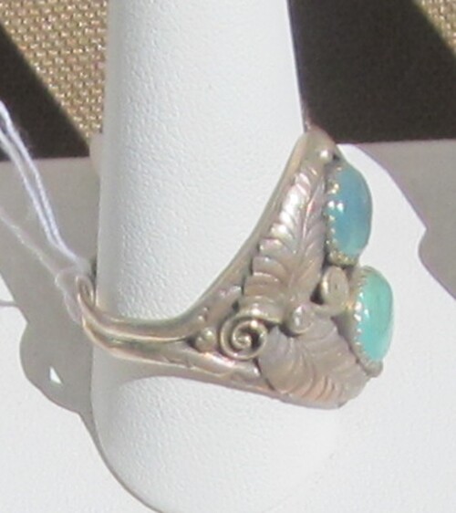 Signed Size 12 Ring, Two Turquoise Free-forms Set in Sterling