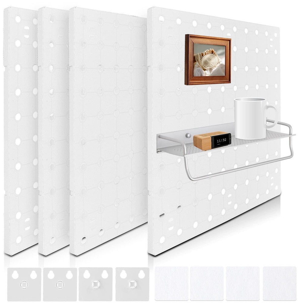 4 PCS White Pegboard Wall Organizer, Self-Adhesive Peg Board Wall Panel Kits ...