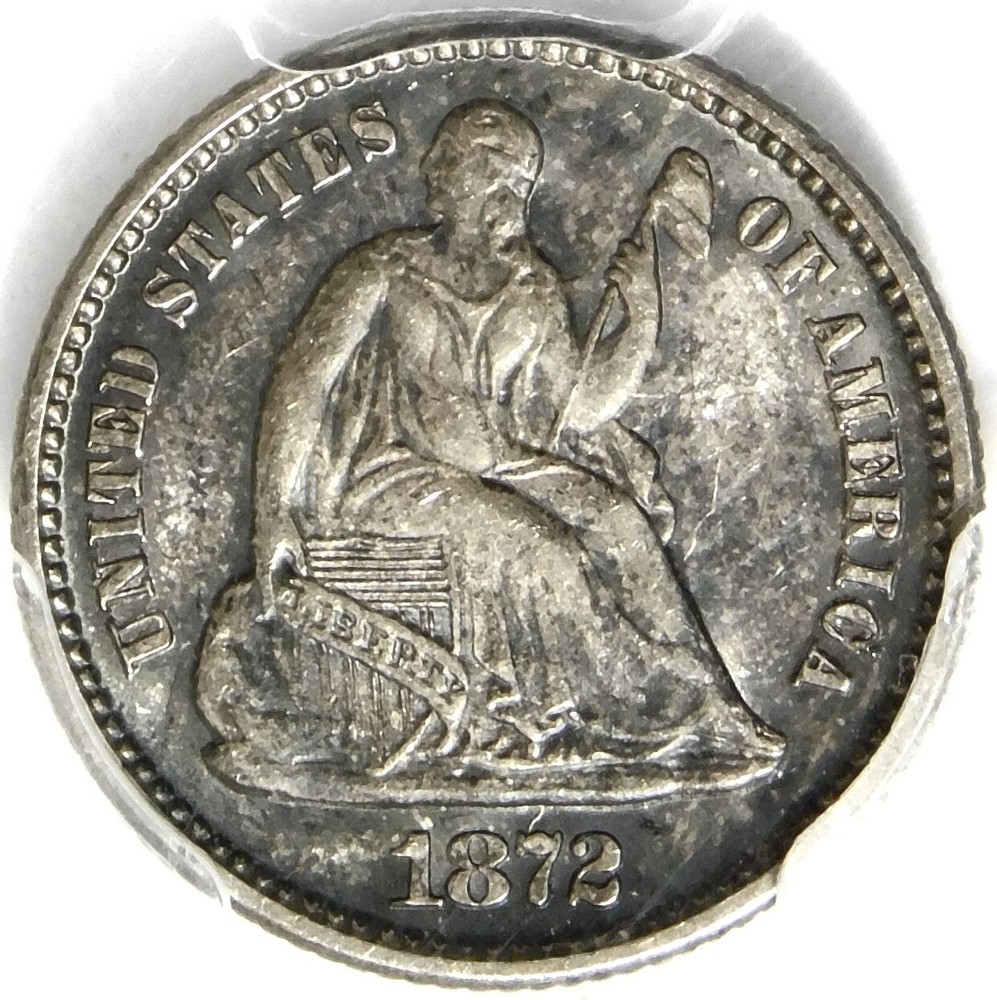 🗽🌚💎🇺🇸😎PCGS MS63 1872 SEATED LIBERTY HALF DIME