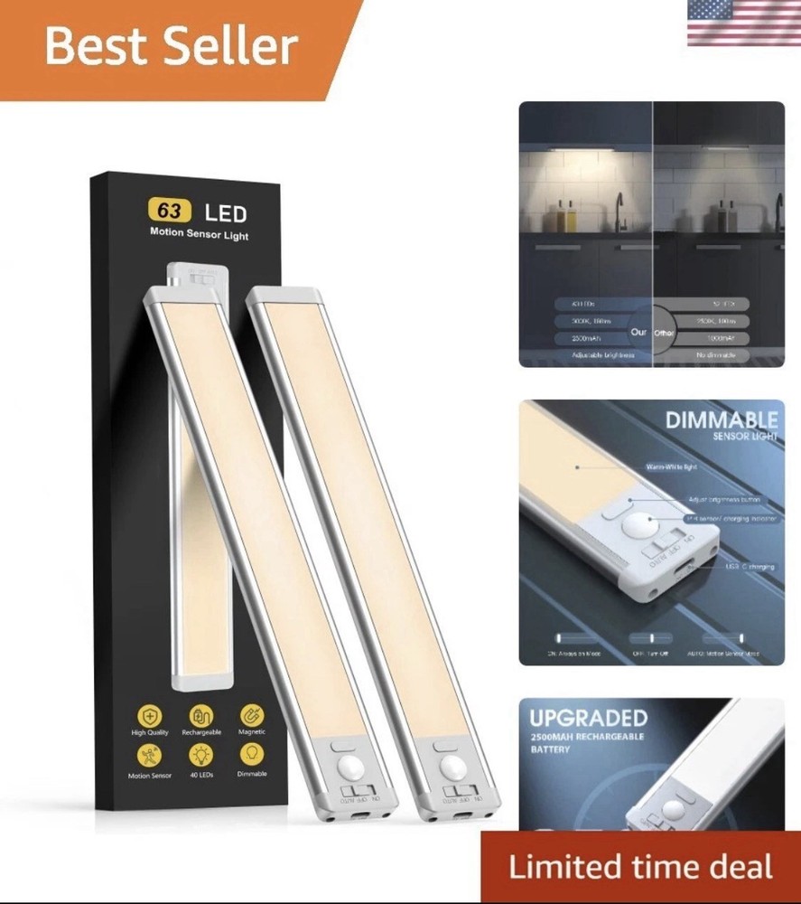Energy-Efficient Dimmable Under Cabinet Lights, 63 LED Motion Sensor, 2 Pack