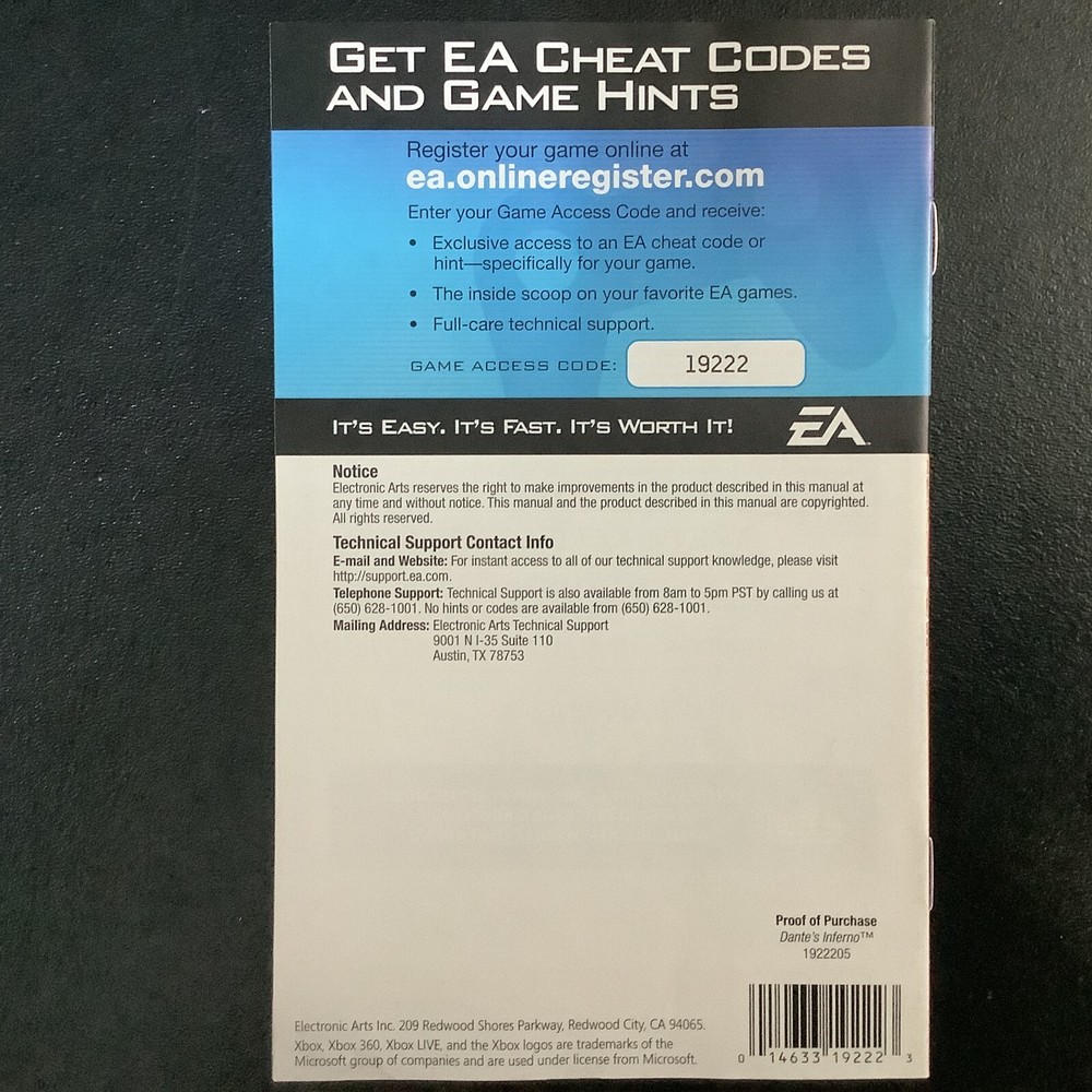 Dante's Inferno Microsoft Xbox 360 Instruction Manual Only