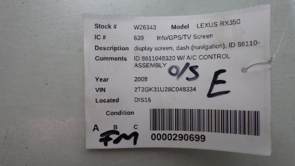 08 LEXUS RX350 Info Screen 8611048320