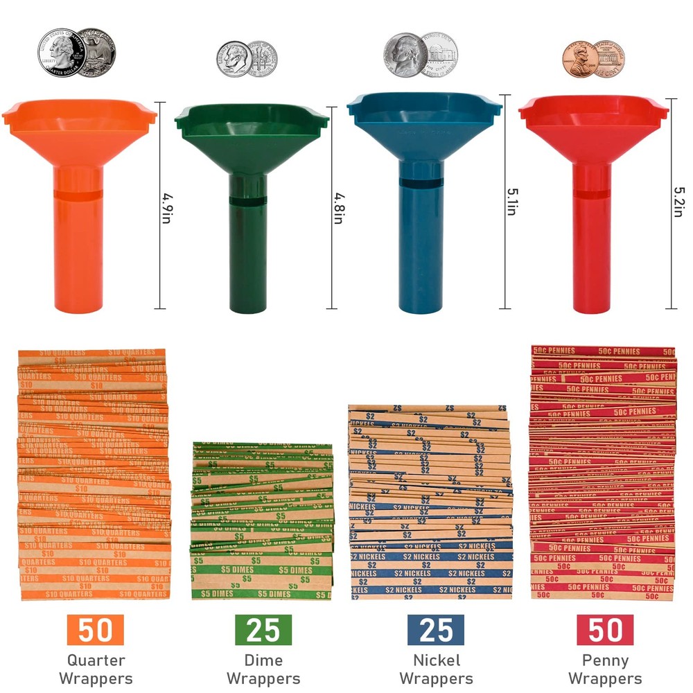 Assorted Flat Striped Coin Wrappers with 4 Color-Coded Sorter Tubes