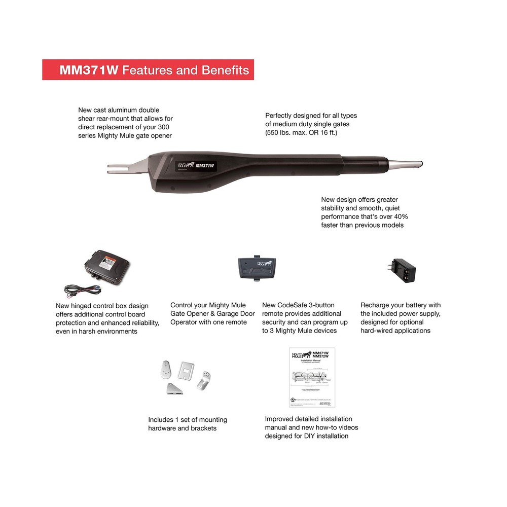 Mighty Mule MM371W Automatic Gate Opener, Smart and Solar Ready, Includes Gat...