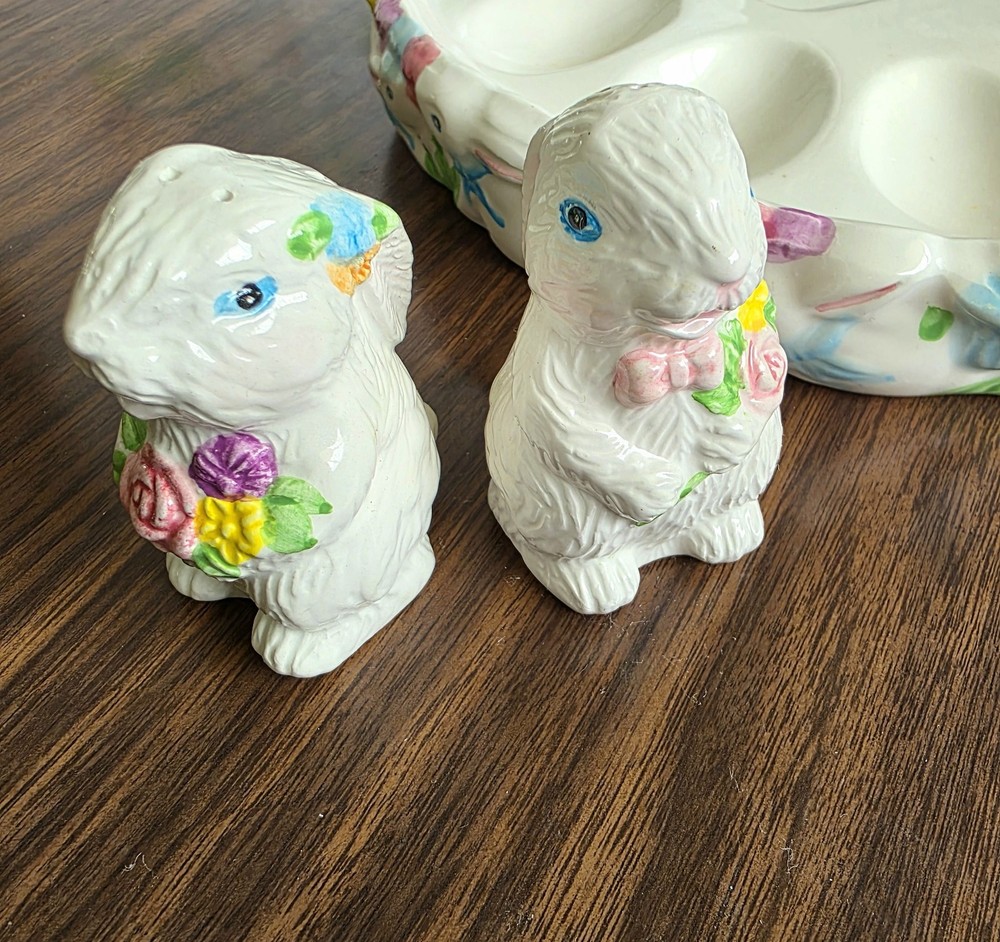 Vintage Ceramic Easter Bunny Rabbit Egg Tray Set 3-Piece Floral