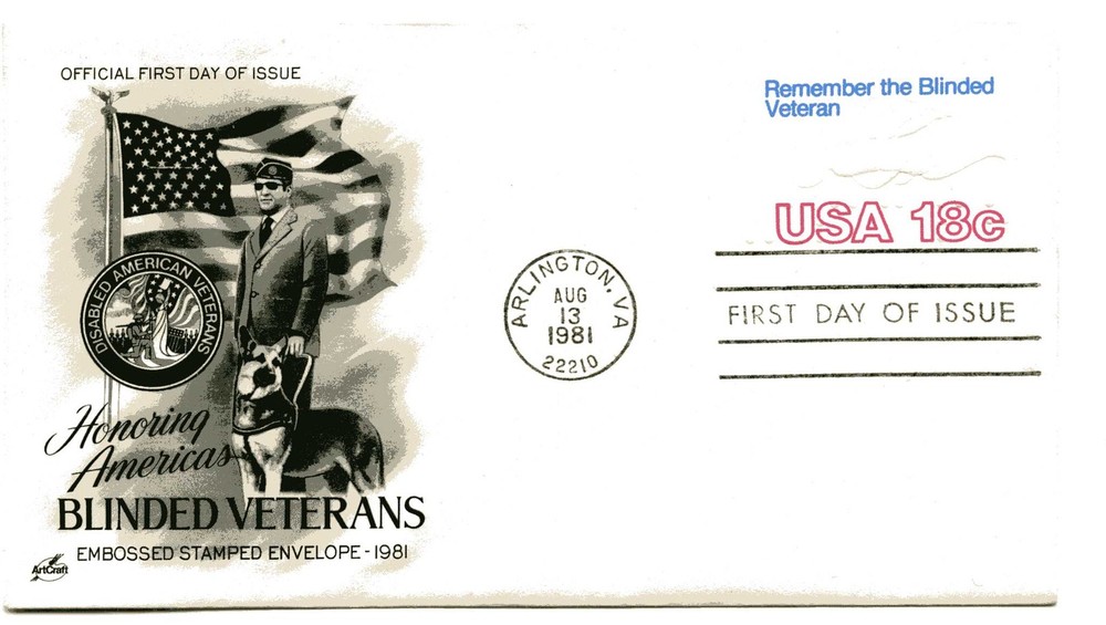U600 Blinded Veterans embossed envelope,  ArtCraft, FDC
