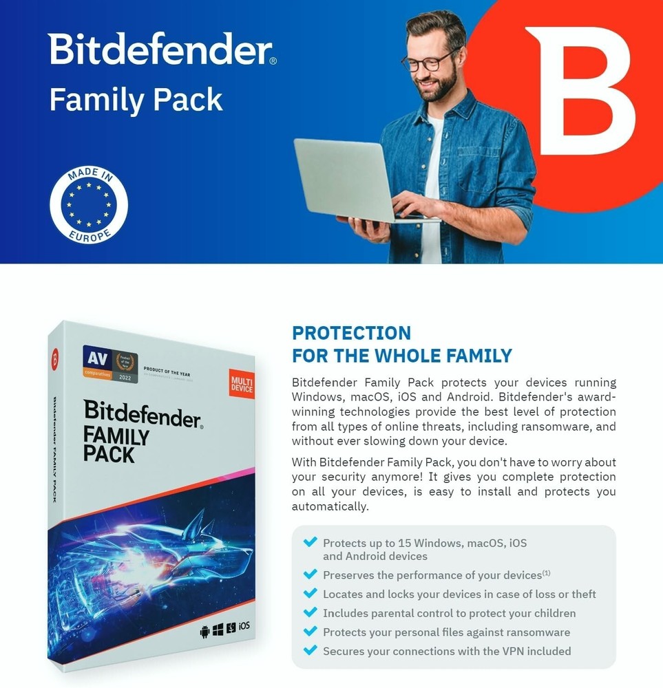 Bitdefender Family Pack 2025 - 3 Years 15 Devices (Windows, MAC, Android)