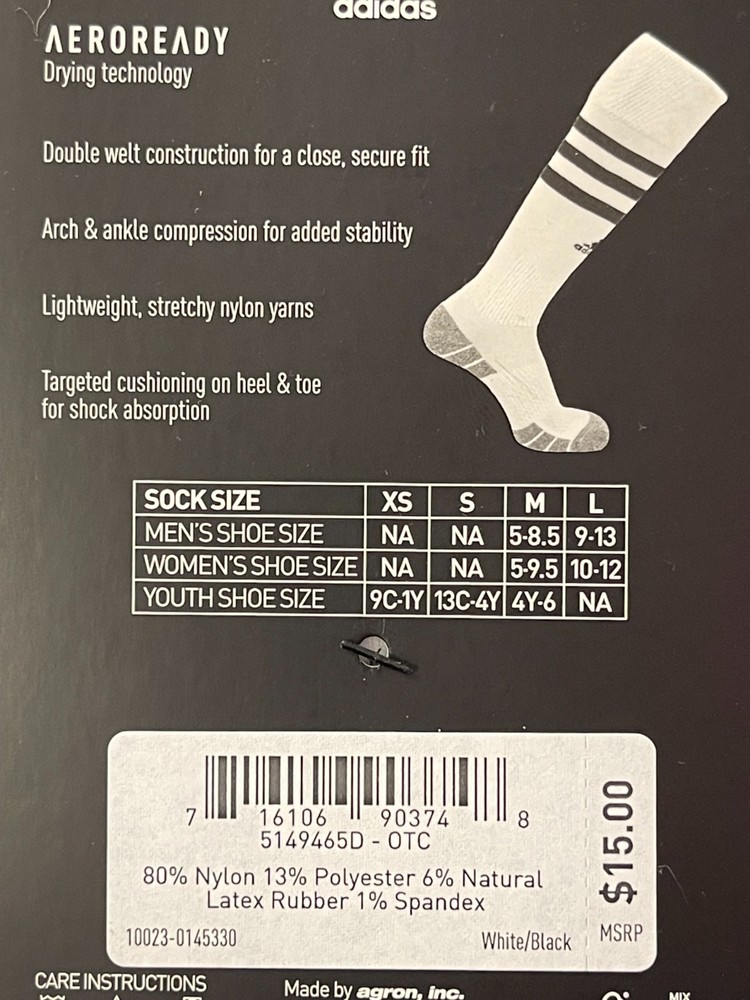 Adidas - Soccer Socks White/Black/Grey Large